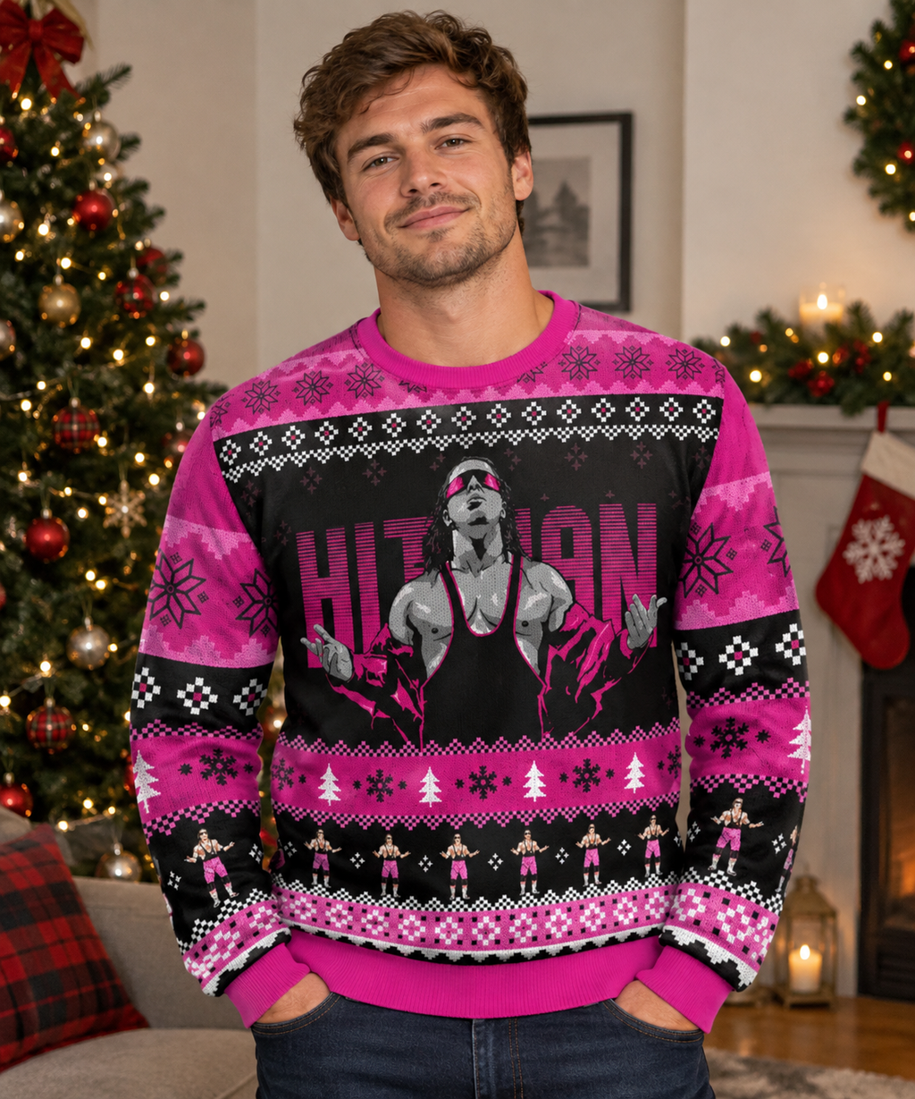 Hitman Christmas Jumper | Retro Wrestling Holiday Sweater | Pink Edition